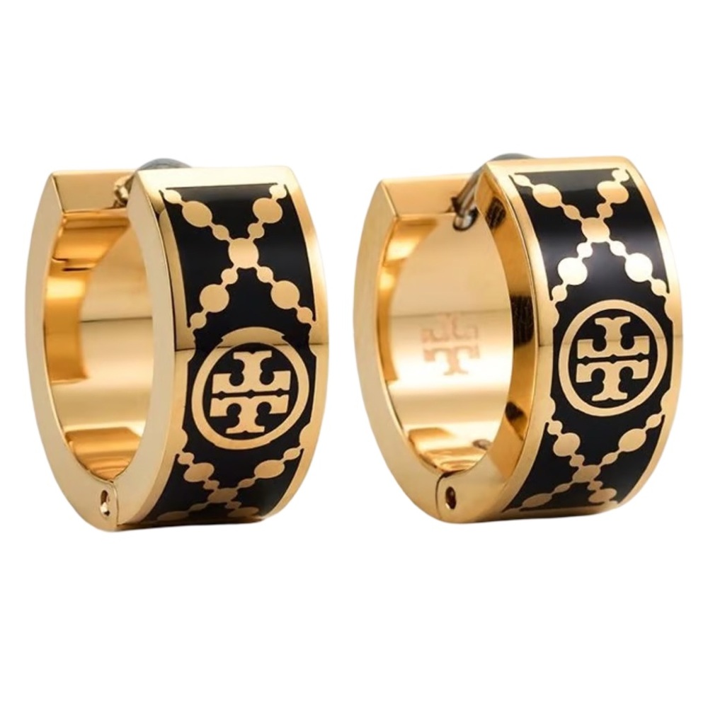 🆕 TORY BURCH • Black Small Icon T Monogram  Hoop Huggie Earrings Includes Bag
